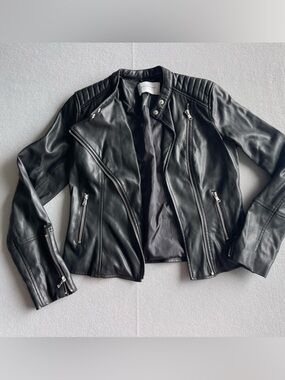 Promod Black Faux Leather Moto Jacket Asymmetrical Zip Cropped Biker Small/4